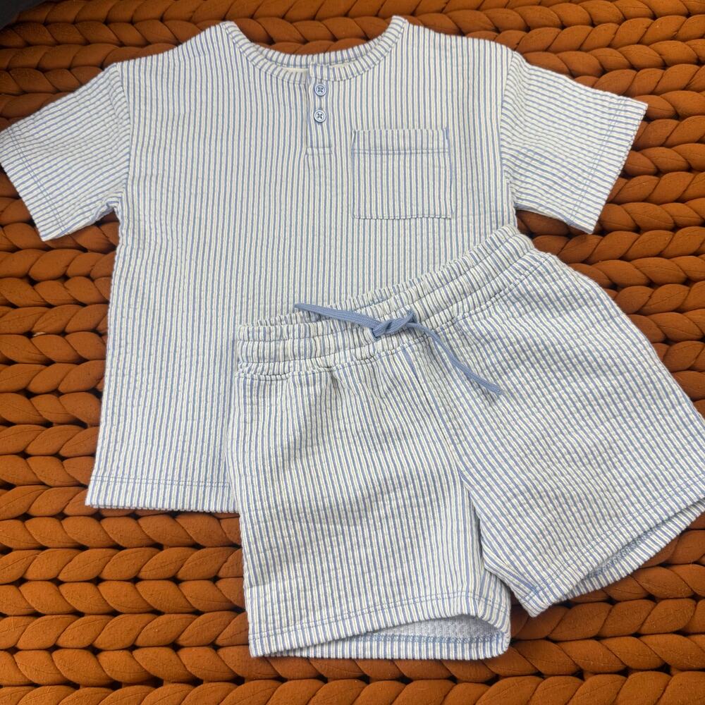 NWT H&M 18-24 Months 2T Blue Textured Stripe Boys Outfit Shorts Henley Shirt